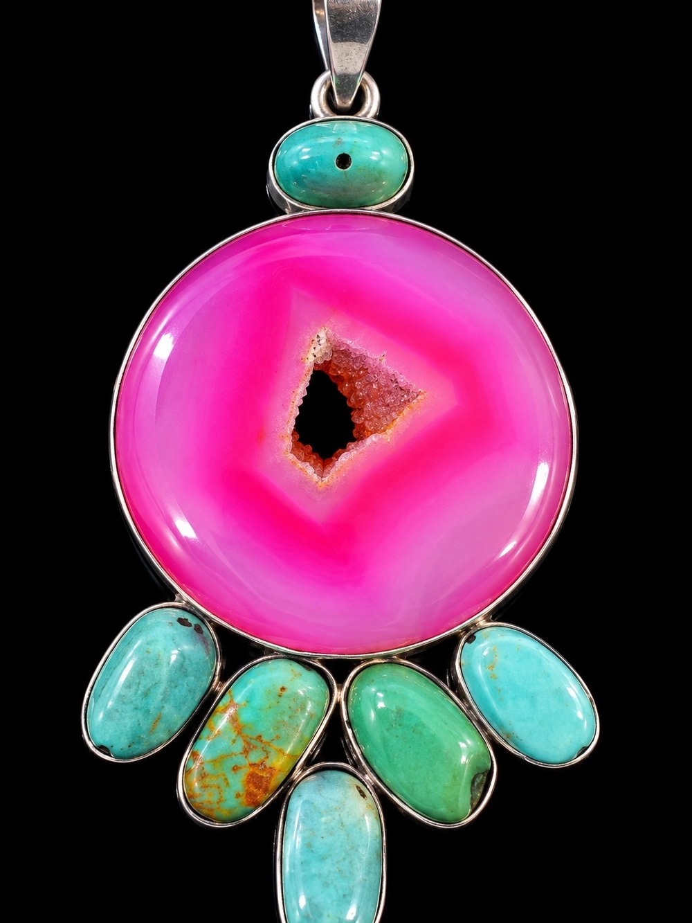 Vintage DZI 925 Sterling Silver Pink Agate Geode & Gemstone Statement Pendant - Picture 2 of 5